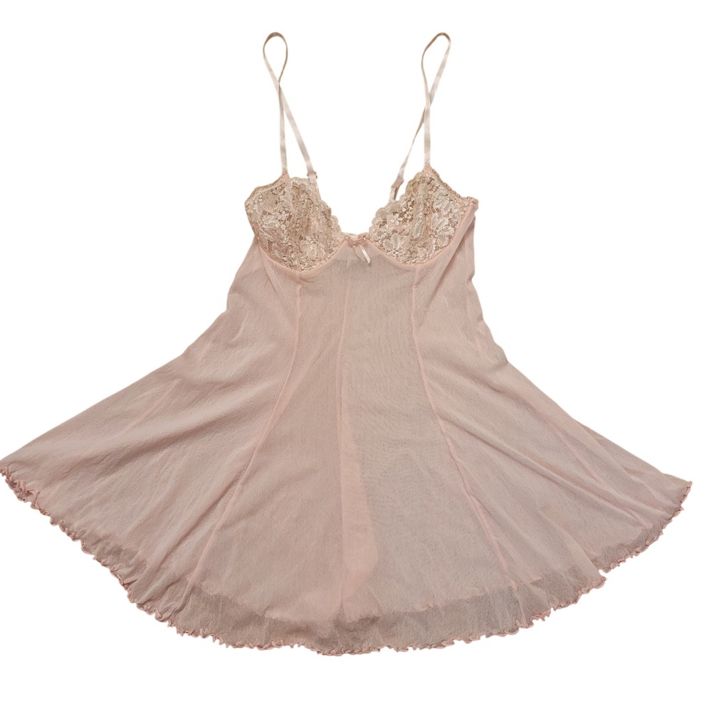 Secret Treasures S Babydoll Chemise Pink Lace Mesh Adjustable Summer Romantic